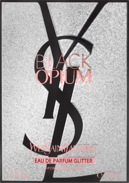 Opakowanie wody perfumowanej Yves Saint Laurent Black Opium Glitter. Srebrne, brokatowe z czarnym logo YSL.