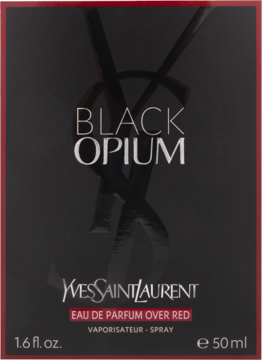Czarno-czerwone pudełko perfum Yves Saint Laurent Black Opium Over Red 50ml z białym napisem i czerwonym logo, widok z przodu.