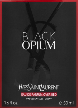 Czarne pudełko perfum YSL Black Opium Over Red Eau de Parfum z białym logo i czerwoną nazwą, widok z przodu.