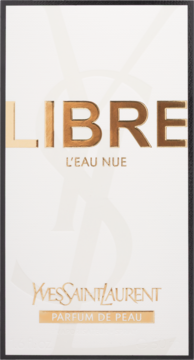 Białe, prostokątne pudełko perfum Yves Saint Laurent Libre L'Eau Nue z złotym napisem i czarną obwódką, widok z przodu.