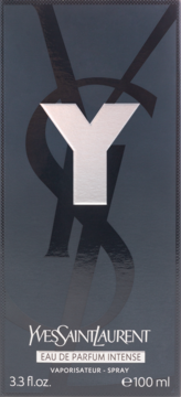 Ciemnoszare pudełko YSL Y Eau de Parfum Intense 100ml, ze srebrnym logo „Y”, widok z przodu.