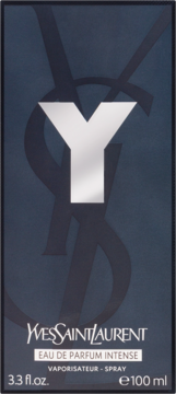 Yves Saint Laurent Y Intense, granatowe pudełko z dużym srebrnym 'Y' i monogramem YSL, przód.