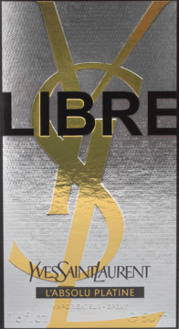 Pionowe, srebrne opakowanie perfum YSL Libre L'Absolu Platine z metalicznym wykończeniem i dużym złotym logo. Widok z przodu.