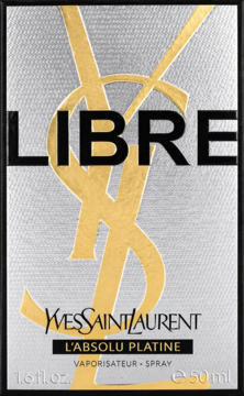 Perfumy YSL Libre L'Absolu Platine, srebrne pudełko z metaliczną fakturą, złote logo, widok z przodu.