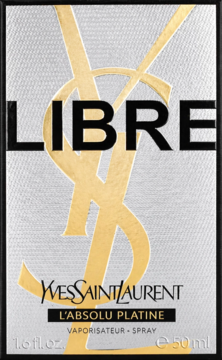 Srebrne, teksturowane pudełko perfum Yves Saint Laurent Libre L'Absolu Platine 50ml, widok z przodu, złote logo.