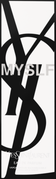 Yves Saint Laurent MYSLF Eau de Parfum, czarno-białe opakowanie, front, z dużym logo YSL i napisem MYSLF.