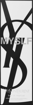 Pionowe opakowanie Yves Saint Laurent Myslf męska woda perfumowana. Czarno-białe, z dużym logo YSL i nazwą MYSLF.
