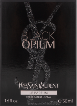 Czarne, brokatowe pudełko perfum YSL Black Opium Le Parfum, widok frontalny z napisami 50ml i 1.6 fl. oz.