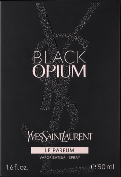 Czarna paczka perfum damskich Yves Saint Laurent Black Opium Le Parfum 50ml z brokatowym logo YSL, widok z przodu.