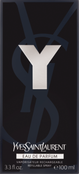 Yves Saint Laurent Y Eau de Parfum: czarne pudełko z dużym, srebrnym 'Y', subtelne logo YSL w tle, widok z przodu.