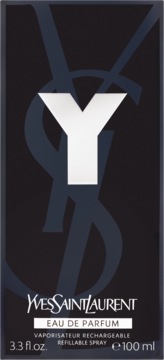 Woda perfumowana męska YSL Y, ciemne pudełko z białym logo 'Y' i napisem 'Eau de Parfum', widok z przodu.