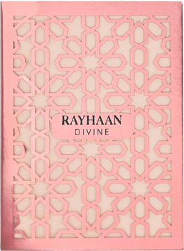 Różowo-złote opakowanie perfum Rayhaan Divine z ażurowym wzorem i centralnym białym logo. Widok z przodu.