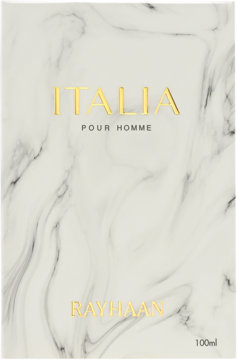 Męskie perfumy Italia Pour Homme Rayhaan 100ml w marmurowym opakowaniu z złotymi napisami, widok z przodu.