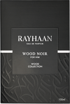 Czarne, teksturowane pudełko perfum męskich Rayhaan Wood Noir Eau de Parfum 100ml, widok z przodu.