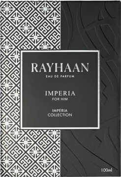 RAYHAAN Imperia for Him 100ml, perfumy męskie. Czarno-białe pudełko z geometrycznym wzorem i reliefowymi zdobieniami.
