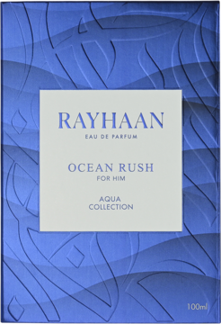 Granatowe pudełko perfum Rayhaan Ocean Rush for Him 100ml z falistą fakturą i etykietą Aqua Collection.
