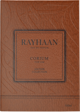 Brązowe pudełko perfum męskich RAYHAAN CORIUM Eau de Parfum, 100ml. Skóropodobna tekstura, centralny panel z nazwą.