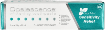 Opalescence Whitening Toothpaste Cool Mint Sensitivity Relief, front view of white and teal box.