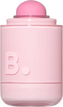 Różowy róż w sztyfcie do policzków z zaokrąglonym aplikatorem. Detal z literą B. na boku, widok z przodu.