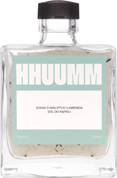 Sól do kąpieli Hhuumm Sosna Eukaliptus Lawenda w prostokątnej butelce, biała sól, błękitna etykieta, przód.