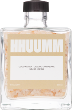 Kwadratowa butelka Hhuumm Gold soli do kąpieli Wanilia Sandałowiec, złote kryształki, widok z przodu.