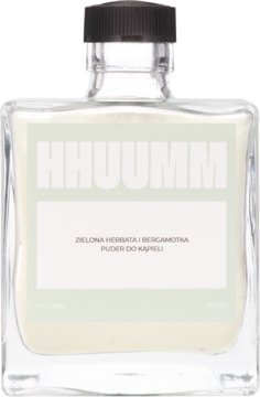 Hhuumm puder do kąpieli Zielona Herbata i Bergamotka w kwadratowej butelce z jasnym proszkiem, widok z przodu.