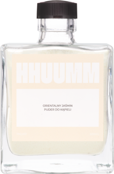 Puder do kąpieli Hhuumm Orientalny Jaśmin w kwadratowej szklanej butelce z czarną nakrętką, widok z przodu.
