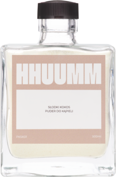 Hhuumm Słodki Kokos puder do kąpieli w kwadratowej szklanej butelce z beżową etykietą, widok z przodu.