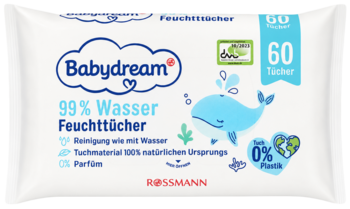 Babydream chusteczki nawilżane 99% wody, białe opakowanie z wielorybem, 0% plastiku, widok z przodu.