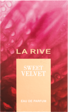 LA RIVE SWEET VELVET Eau de Parfum, kwiatowo-owocowy zapach. Czerwono-różowe opakowanie, widok z przodu.