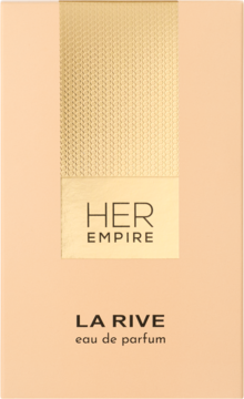 LA RIVE HER EMPIRE eau de parfum, beżowe pudełko ze złotym, teksturowanym paskiem i czarnym napisem, przód.