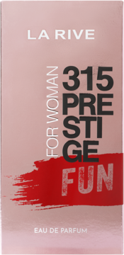 LA RIVE 315 Prestige Fun EDP dla kobiet, różowe metaliczne pudełko z czarnym napisem i czerwonym akcentem. Widok z przodu.