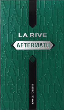 Zielone, prostokątne pudełko LA RIVE AFTERMATH Eau de Toilette z metalicznym logo, front.