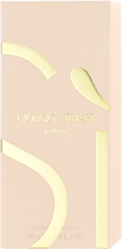 Jasnoróżowe opakowanie perfum Giorgio Armani Si, z błyszczącymi złotymi detalami i napisem, widok z przodu.