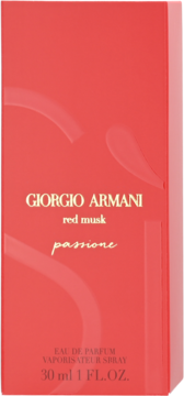 Czerwone opakowanie perfum Giorgio Armani Red Musk Passione 30ml ze złotymi napisami, widok z przodu.