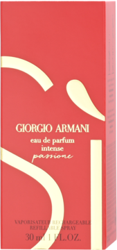 Czerwone opakowanie Giorgio Armani Si Passione Intense 30 ml, z beżowym logo i nazwą perfum, widok z przodu.