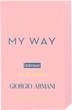 Różowe pudełko perfum Giorgio Armani MY WAY Intense EDP, widok z przodu, z niebieskim napisem.