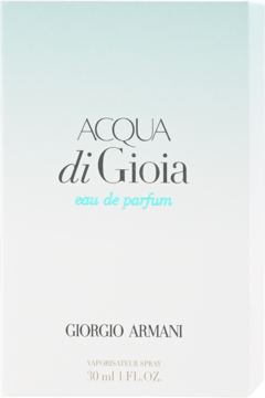 Białe pudełko perfum ACQUA di Gioia eau de parfum Giorgio Armani, z błękitnym gradientem i czarnymi napisami, widok z przodu, 30ml.