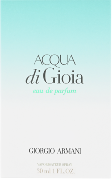 Przednia strona opakowania perfum Giorgio Armani Acqua Di Gioia, gradient błękitu i bieli, 30 ml.