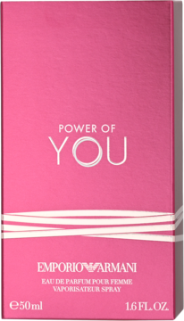 Różowe, kartonowe opakowanie perfum Emporio Armani Power of YOU, widok z przodu, z białymi paskami u dołu.