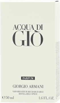 Białe pudełko perfum Acqua di Gio Parfum Giorgio Armani 50 ml z czarną etykietą PARFUM, widok z przodu.