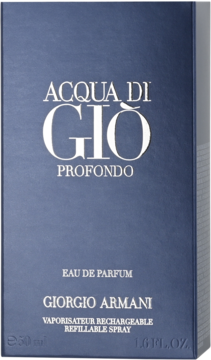 Ciemnogranatowe pudełko Giorgio Armani Acqua Di Gio Profondo Eau de Parfum 50ml, z białymi napisami, widok z przodu.