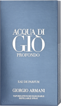 Granatowy kartonik perfum Acqua Di Gio Profondo Giorgio Armani 100ml Eau de Parfum, widok z przodu, napis refillable spray.