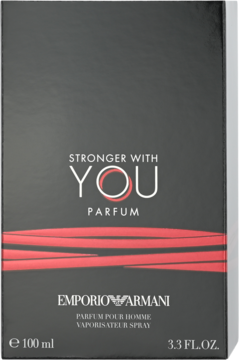 Czarne pudełko perfum Emporio Armani Stronger With You Parfum 100ml, widok z przodu, z białymi napisami i czerwonymi liniami.