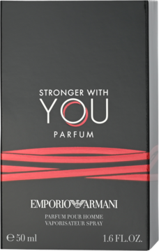 Emporio Armani Stronger With You Parfum for men 50ml box, dark grey with red stripes and white text, front view.