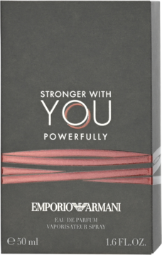 Emporio Armani Stronger With You Powerfully, 50ml Eau de Parfum, ciemnoszare opakowanie z różowymi paskami, widok z przodu.