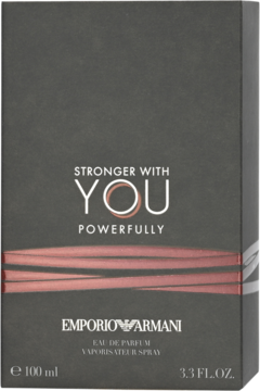 Matowe, ciemne pudełko perfum Emporio Armani Stronger With You Powerfully 100ml, z czerwonawymi liniami, widok z przodu.