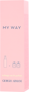 Różowe pudełko Giorgio Armani My Way Recharge Eau de Parfum z grafiką refillu i butelek, widok z przodu.