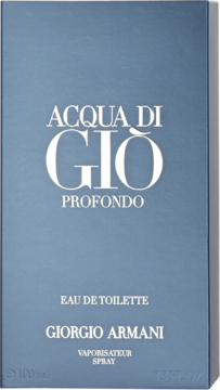 Niebiesko-szare pudełko perfum Giorgio Armani Acqua di Gio Profondo EDT, widok z przodu, białe napisy, 100 ml.