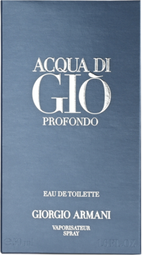 Ciemnoniebieskie pudełko perfum Acqua di Gio Profondo Eau de Toilette Giorgio Armani 50ml, widok z przodu.